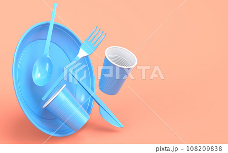 Set of disposable utensils like plate, folk, spoon,knife and cup on monochrome 108209838