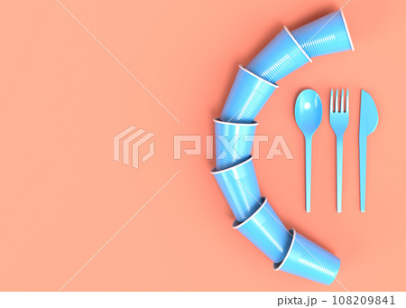 Set of disposable utensils like plate, folk, spoon,knife and cup on monochrome 108209841