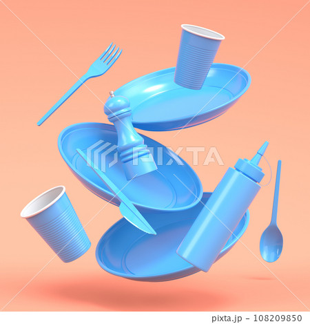 Set of disposable utensils like plate, folk, spoon,knife, cup and pepper mill 108209850