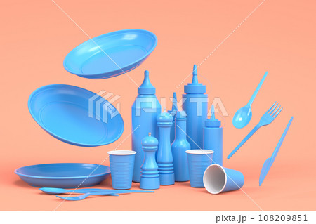 Set of disposable utensils like plate, folk, spoon,knife, cup and pepper mill 108209851