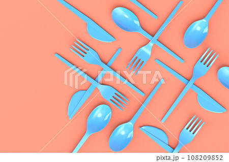 Set of disposable utensils like spoon, fork and knife on monochrome background. 108209852