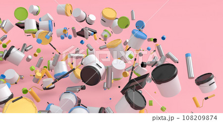 Many of flying plastic cans or buckets with paint roller, brush on pink 108209874
