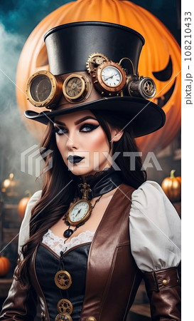 Steampunk girl celebrates Halloween with a smiling pumpkin. Steampunk girl celebrates Halloween with a smiling pumpkin. 108210433