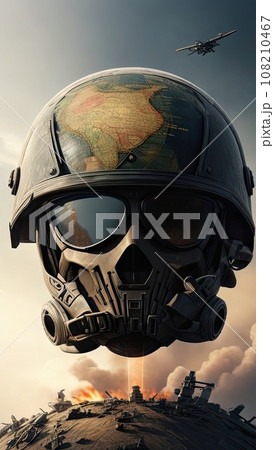 A large head in a gas mask and a military helmet painted like a globe against the backdrop of military operations in the air and on land. The concept of the third world war. A large head in a gas mask and a military helmet painted like a globe against the backdrop of military operations in the air and on land. The concept of the third world war. 108210467