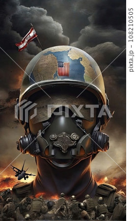 A large head in a gas mask and a military helmet painted like a globe against the backdrop of military operations in the air and on land. The concept of the third world war. A large head in a gas mask and a military helmet painted like a globe against the backdrop of military operations in the air and on land. The concept of the third world war. 108210505