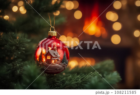 キラキラした室内にツリーに飾られたオーナメントに映るクリスマス夜景 108211585