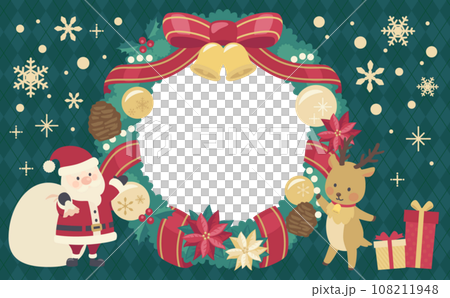 クリスマスリースのイラスト緑背景_横1 108211948