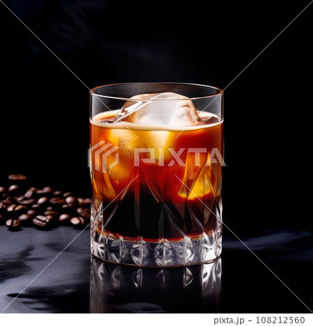 A Black Russian cocktail in crystal-clear glass sits against a black background A Black Russian cocktail in crystal-clear glass sits against a black background 108212560