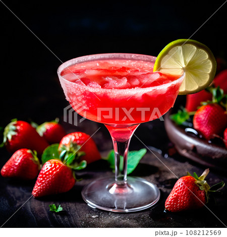 Strawberry margarita cocktail in salt-rimmed glass on flat wooden floor with dark backdrop and scattered fruits 108212569