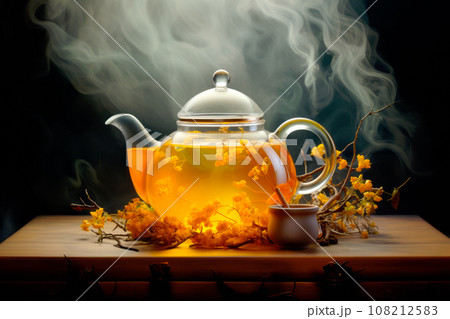 A glass teapot with yellow flowers, oolong tea in glass kettle on wooden table. Chinese traditional tea ceremony 108212583