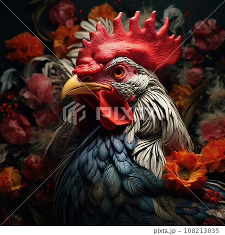Image of rooster surrounded by red flowers. Farm animals. Image of rooster surrounded by red flowers. Farm animals. 108213035