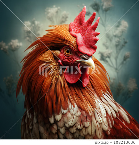 Image of rooster and flowers. Farm animals. Image of rooster and flowers. Farm animals. 108213036