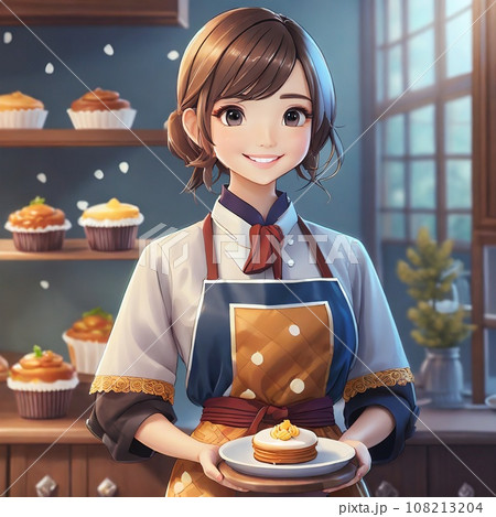 和風なお店でケーキを作るパティシエの女の子 108213204