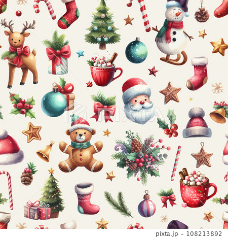 Seamless pattern with christmas watercolor elements. Holidays clipart for christmas card, sticker and print. Seamless pattern with christmas watercolor elements. Holidays clipart for christmas card, sticker and print. 108213892