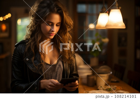 Portrait of a beautiful girl using a smartphone while sitting at home, her face illuminated by the light of the screen. A cute woman smiles and browses the Internet. 108214101