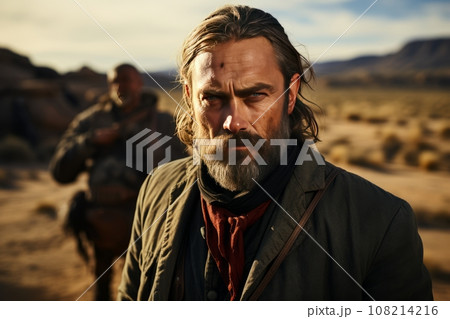 portrait of a real cowboy against the background of a ranch 108214216