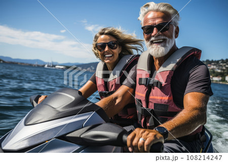 Elderly happy couple having fun on jet ski during beach island tour - Active seniors and world travel concept with seniors riding on jet ski - Warm vintage vibrant filter 108214247
