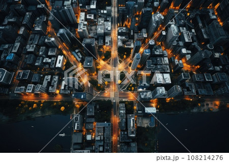 Abstract night cityscape background. Smart city, ai and digital transformation concept. Generative AI 108214276