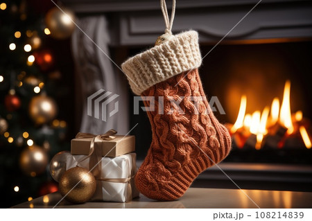 Red sock hanging near fireplace. Christmas festival. Generative AI 108214839