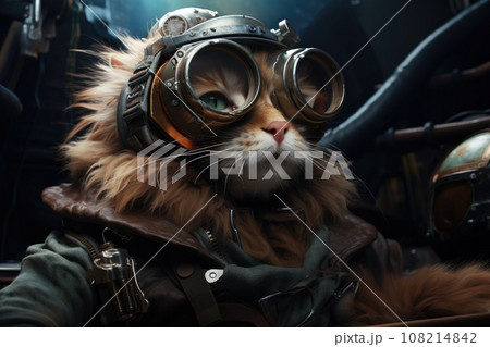 Animal wearing VR headset, surreal worlds and colorful, black in the background and purple light. Generative AI 108214842