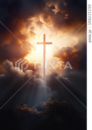 holy cross on mountain at clouds background, christianity and religion concept, jesus christ crucifixion on golgotha holy cross on mountain at clouds background, christianity and religion concept, jesus christ crucifixion on golgotha 108215150