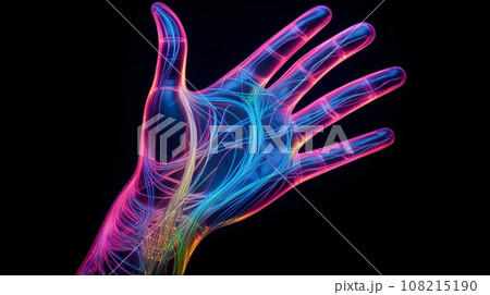neon glowing human hand on black background, futuristic palm, in style of purple and blue neon glowing human hand on black background, futuristic palm, in style of purple and blue 108215190