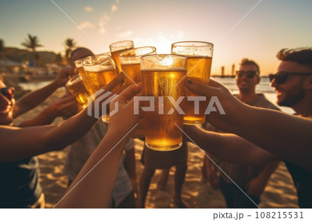 Young group party people toast with beer on the beach. Generative AI 108215531