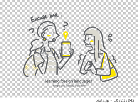 A woman who is troubled when a foreign traveler asks her for directions. Simple and stylish line drawing illustration. A woman who is troubled when a foreign traveler asks her for directions. Simple and stylish line drawing illustration. 108215842