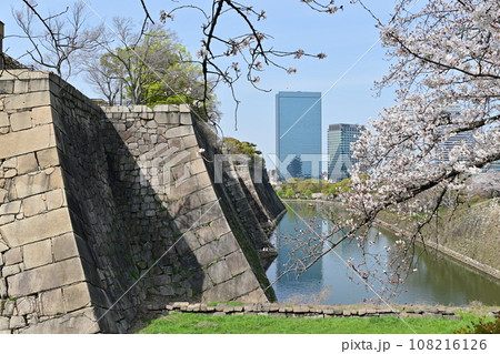 桜の季節の大阪城と周辺のビル群 桜の季節の大阪城と周辺のビル群 108216126