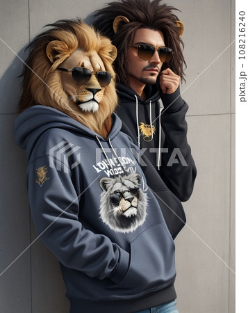 サングラスをかけた獣人ライオン(AI画像)のイラスト素材 [108216240