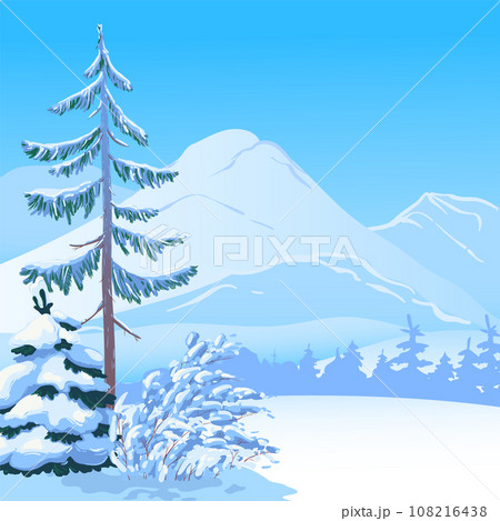 Vertical scene with falling snow. Snow-covered trees, firs against the backdrop of forests and mountains. Vector illustration. Christmas scene. Vertical scene with falling snow. Snow-covered trees, firs against the backdrop of forests and mountains. Vector illustration. Christmas scene. 108216438