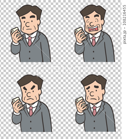 スマホを見るスーツの中年男性、驚く顔、怒る顔 スマホを見るスーツの中年男性、驚く顔、怒る顔 108216455