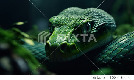 closeup portrait of green snake at nature, reptile animal closeup portrait of green snake at nature, reptile animal 108216510