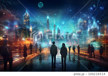 People stands against the backdrop of a futuristic city. Smart city concept, dreams, development, life improvement. Future communication technology. Generated AI illustration. 108216514