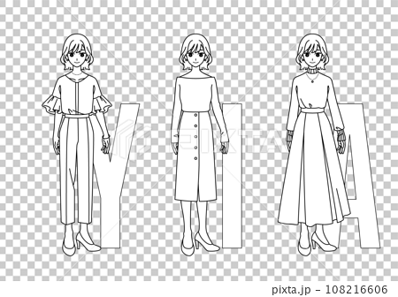 ファッションの三大シルエット【女性】線画ver. 108216606