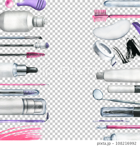 Tools and cosmetics for the master of eyelash and eyebrow extension and lamination. Watercolor illustration, hand drawn. Frame, template on a white background. Tools and cosmetics for the master of eyelash and eyebrow extension and lamination. Watercolor illustration, hand drawn. Frame, template on a white background. 108216992