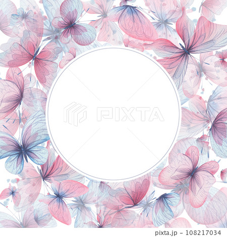 Butterflies are pink, blue, lilac, flying, delicate with wings and splashes of paint. Hand drawn watercolor illustration. Circle wreath, frame, template on a white background, for design. Butterflies are pink, blue, lilac, flying, delicate with wings and splashes of paint. Hand drawn watercolor illustration. Circle wreath, frame, template on a white background, for design. 108217034