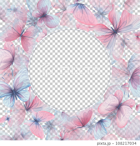 Butterflies are pink, blue, lilac, flying, delicate with wings and splashes of paint. Hand drawn watercolor illustration. Circle wreath, frame, template on a white background, for design. Butterflies are pink, blue, lilac, flying, delicate with wings and splashes of paint. Hand drawn watercolor illustration. Circle wreath, frame, template on a white background, for design. 108217034