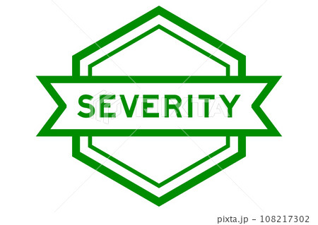 Vintage green color hexagon label banner with word severity on white background 108217302