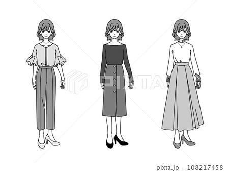 ファッションの三大シルエット【女性】モノクロver. ファッションの三大シルエット【女性】モノクロver. 108217458