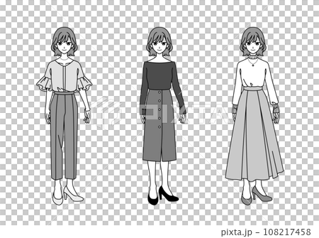 ファッションの三大シルエット【女性】モノクロver. ファッションの三大シルエット【女性】モノクロver. 108217458