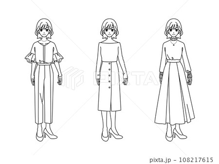 ファッションの三大シルエット【女性】線画ver. 108217615