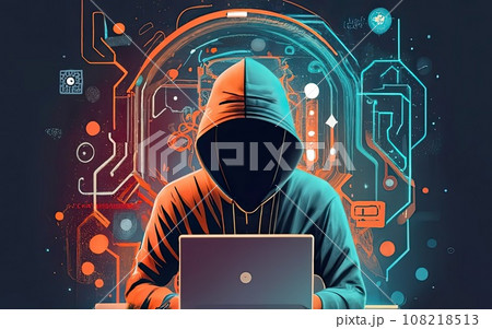 Hacker in hoodie in dark background  108218513