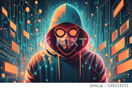 Hacker in hoodie in dark background  108218551