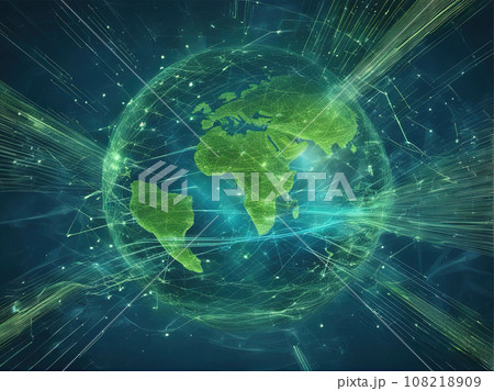 Digital technology global speed connect blue green background 108218909