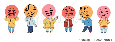 People mood. Funny emoticon. Cartoon person faces. Emotion expression and gesture. Positive or negative emoji icons. Happy or sad characters holding head. Standing men and women vector set 108219004