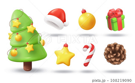 3D New Year icons. Merry Christmas objects. Fir tree. Winter holiday present. Gift box. Xmas celebration. Santa hat. Ball or star garland. Candy or pine cone. Vector render elements set 108219090
