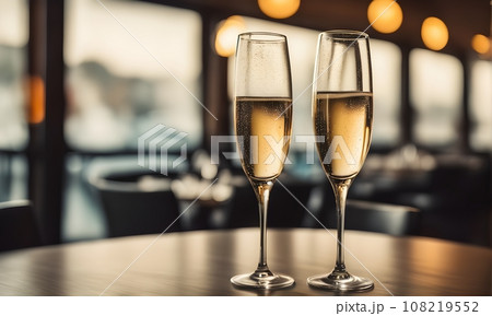 Champagne glasses on restaurant table Champagne glasses on restaurant table 108219552