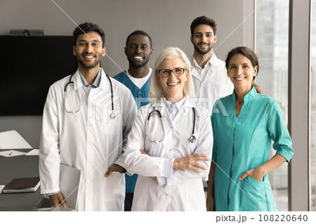 Confident senior clinic chief doctor and younger practitioners standing together 108220640