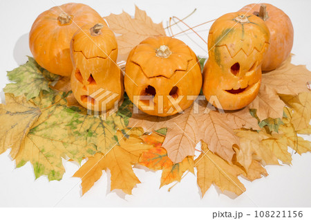 Group of jack-o-lantern on maple leaves. Halloween decoration on a white background. 108221156
